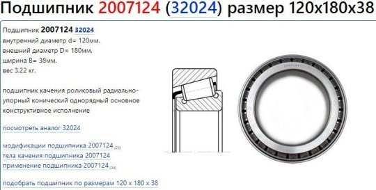 Підшипник ступиці перед. 2007124А (32024, МАЗ 5434, УРАЛ) CT
