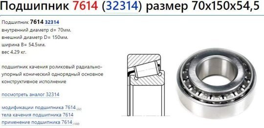 Підшипник ступиці перед. внутр. 7614А (32314) ГПЗ