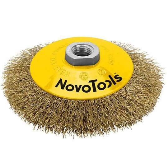 Щітка дротяна на болгарку конусна D=115 мм (латунь, з гайкою) Novo Tools