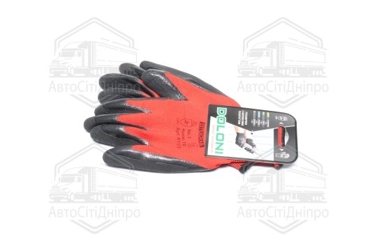 Рукавички трикотаж, червоні, поліестер, в'язаний манжет, латекс, розмір 10 (DOLONI)