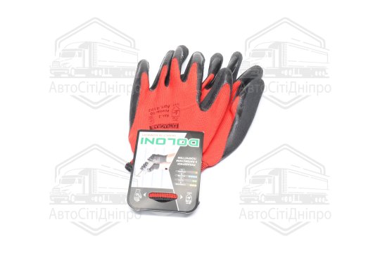 Рукавички трикотаж, червоні, поліестер, в'язаний манжет, латекс, розмір 10 (DOLONI)