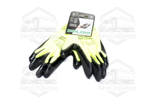 Рукавички трикотаж, зелені, поліестер, в'язаний манжет, латекс, чорний розмір 10 (DOLONI)