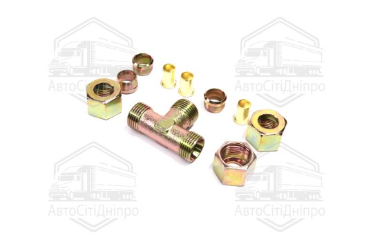 З'єднувач трубки трійник (Dвнут.=12мм, М18х1,5) (1штуцер,3гайки,3втулки,3шайби) (RIDER)