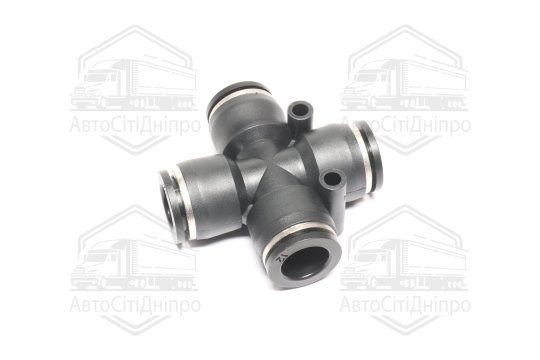 З'єднувач пневматичний цанговий Х- подібний 12х12х12х12 пластиковий (2 отвори кріплення по прямій лі