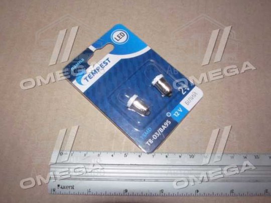 Лампа LED габарит, підсів. панелі приладів T8-03 (1LED) BA9S конус білий 12V 2шт. блістер <TEMPEST>