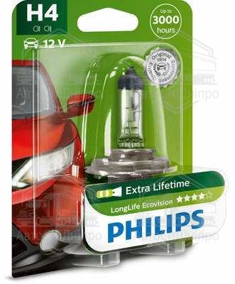 Лампа розжарювання H4 12V 60/55W P43t-38 LongerLife Ecovision 1шт blister (вир-во Philips)