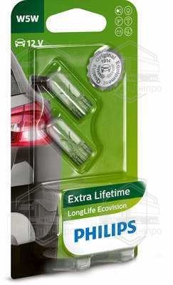 Лампа розжарювання W5W 12V 5W W2,1X9,5d LongerLife EcoVision 2шт blister (вир-во Philips)