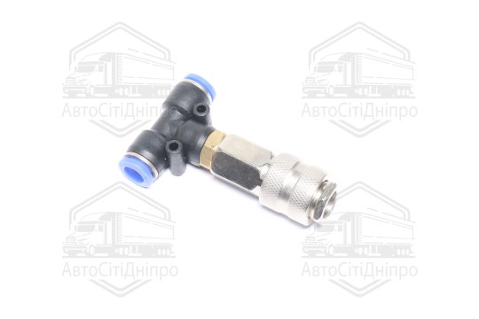 З'єднувач пневматичний D8-8 цанговий-куплунг Т-подібний мама пластик-сталь (RIDER)